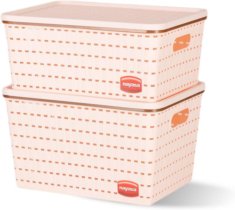 NAYASA Gloria 2 Pcs Set Basket | Medium 1 + Big 1 | Plastic Basket With Lid | Multipurpose Basket With Lid | Organizer Basket With Lid | Peach - Image 2