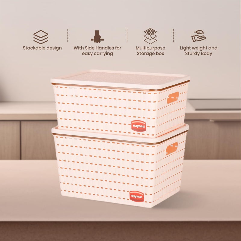 NAYASA Gloria 2 Pcs Set Basket | Medium 1 + Big 1 | Plastic Basket With Lid | Multipurpose Basket With Lid | Organizer Basket With Lid | Peach - Image 5