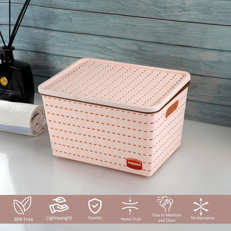 NAYASA Gloria 2 Pcs Set Basket | Medium 1 + Big 1 | Plastic Basket With Lid | Multipurpose Basket With Lid | Organizer Basket With Lid | Peach - Image 4