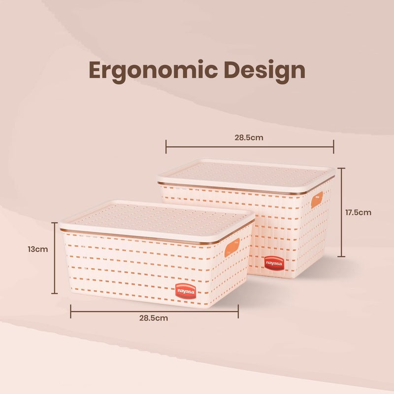 NAYASA Gloria 2 Pcs Set Basket | Medium 1 + Big 1 | Plastic Basket With Lid | Multipurpose Basket With Lid | Organizer Basket With Lid | Peach - Image 3