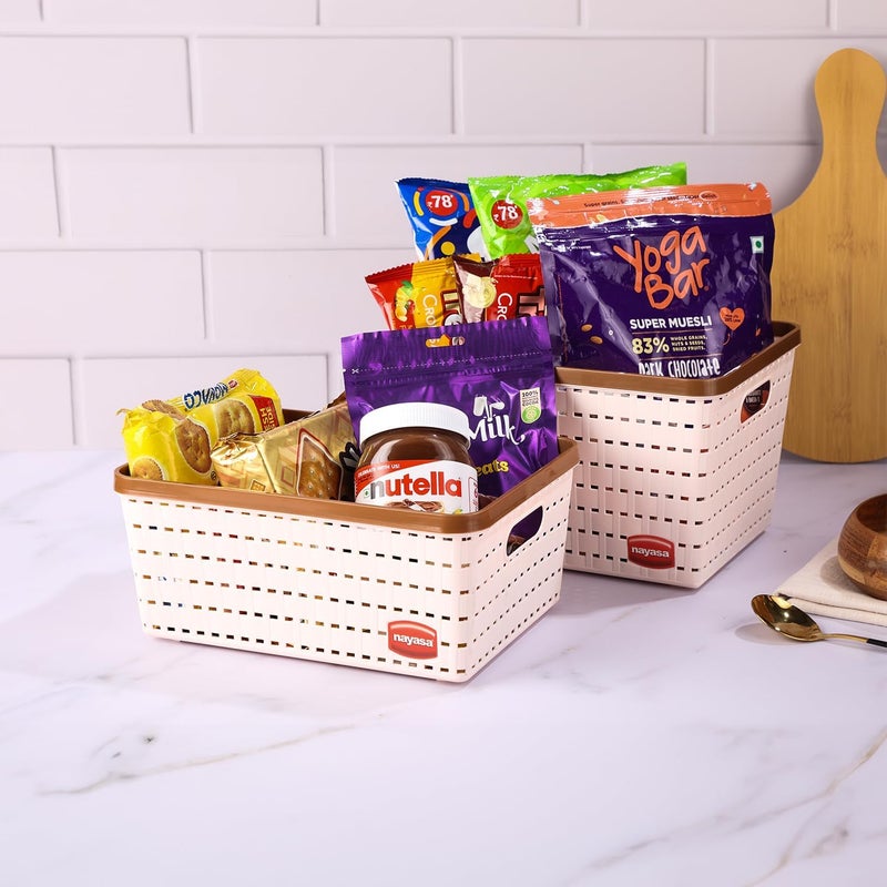 NAYASA Gloria 2 Pcs Set Basket | Medium 1 + Big 1 | Plastic Basket With Lid | Multipurpose Basket With Lid | Organizer Basket With Lid | Peach - Image 1