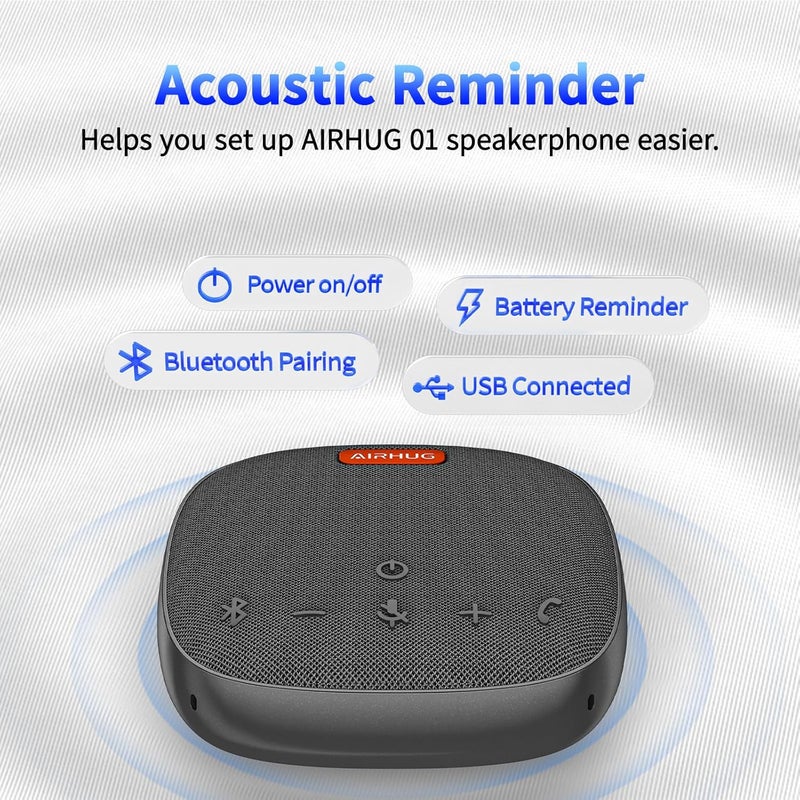 AIRHUG مكبر صوت بلوتوث ، مكبر صوت للمؤتمرات مزود بميكروفون، التقاط صوت بزاوية 360 درجة، تقليل الضوضاء المتقدم، توصيل وتشغيل USB-C، متوافق مع Zoom وMS Team - Image 2