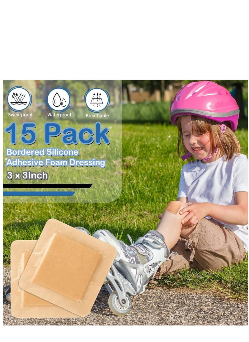 Excefore - 15 Pieces Bordered Silicone Adhesive Foam Dressing Square Dressing with Border Adhesive Patches Shower Waterproof Patch Breathable Wound Bandage (3 x 3 Inch) - Image 1