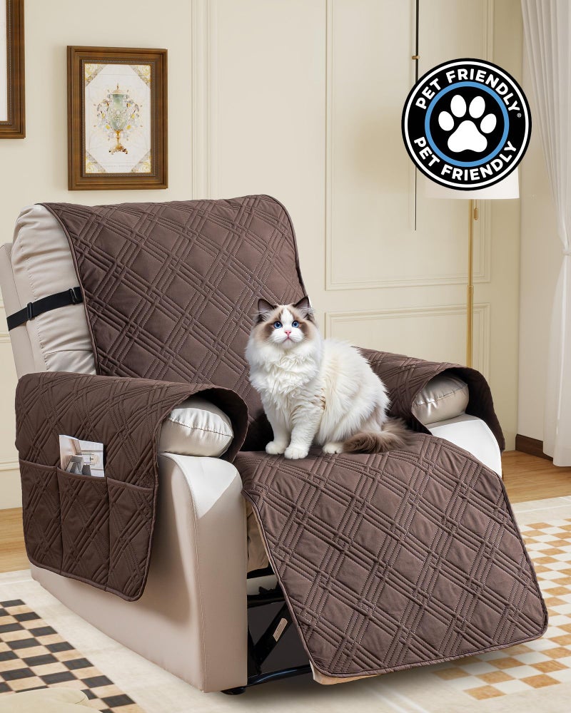 YUEANG Reversible Recliner Chair Cover, Waterproof Recliner Chair Covers with Pocket Washable Reclining Chair Cover Furniture Protector for Kids, Pets (23.6'', Chocolate) - Image 2