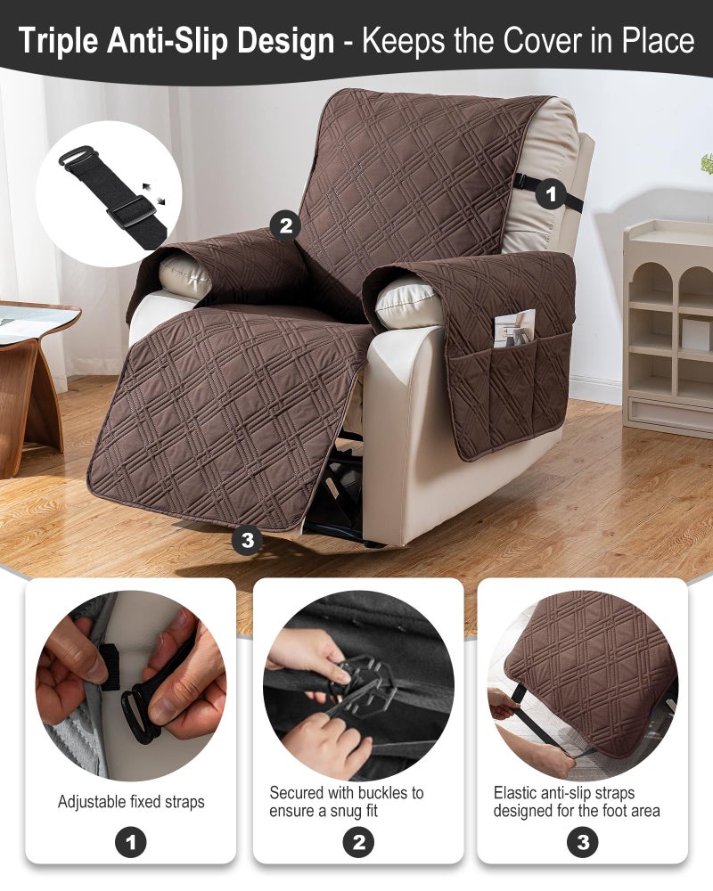 YUEANG Reversible Recliner Chair Cover, Waterproof Recliner Chair Covers with Pocket Washable Reclining Chair Cover Furniture Protector for Kids, Pets (23.6'', Chocolate) - Image 5