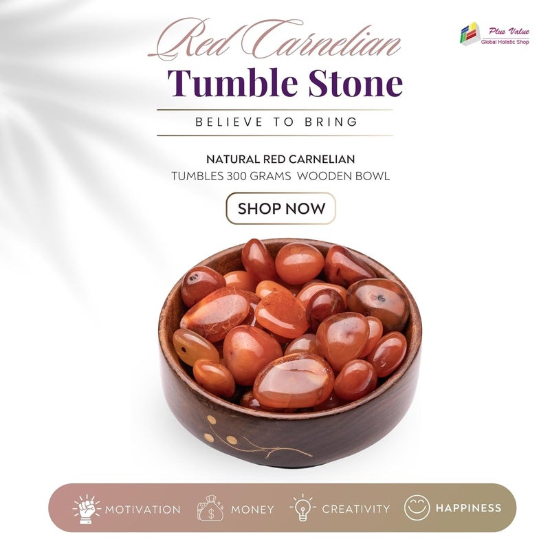 Plus Value Natural Red Carnelian Pebbles Tumbled Stone A Power Stone for Vastu FengShui Chakra Reiki Healing Crystals 300grams Wooden Bowl - Image 3