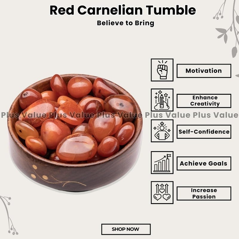 Plus Value Natural Red Carnelian Pebbles Tumbled Stone A Power Stone for Vastu FengShui Chakra Reiki Healing Crystals 300grams Wooden Bowl - Image 2