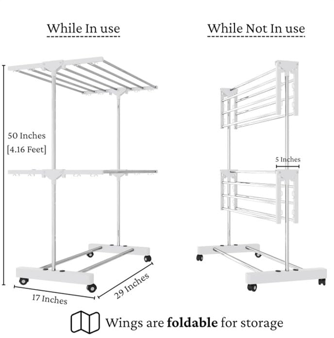 RIOMAX 2-Tier Premium Heavy-Duty Stainless-Steel Clothes Drying Stand with Wheels, Foldable Laundry Rack with Sock Holder, Indoor & Outdoor Cloth Dryer for Balcony Terrace (SS, Pack of 1) - Image 2