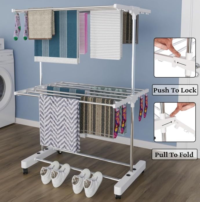 RIOMAX 2-Tier Premium Heavy-Duty Stainless-Steel Clothes Drying Stand with Wheels, Foldable Laundry Rack with Sock Holder, Indoor & Outdoor Cloth Dryer for Balcony Terrace (SS, Pack of 1) - Image 4