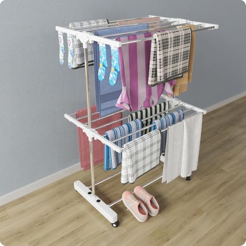 RIOMAX 2-Tier Premium Heavy-Duty Stainless-Steel Clothes Drying Stand with Wheels, Foldable Laundry Rack with Sock Holder, Indoor & Outdoor Cloth Dryer for Balcony Terrace (SS, Pack of 1) - Image 1