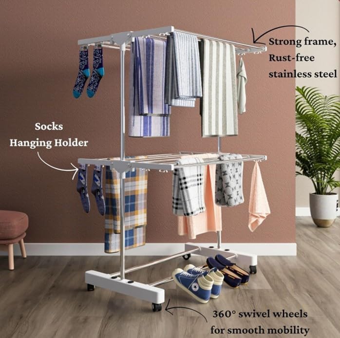 RIOMAX 2-Tier Premium Heavy-Duty Stainless-Steel Clothes Drying Stand with Wheels, Foldable Laundry Rack with Sock Holder, Indoor & Outdoor Cloth Dryer for Balcony Terrace (SS, Pack of 1) - Image 3