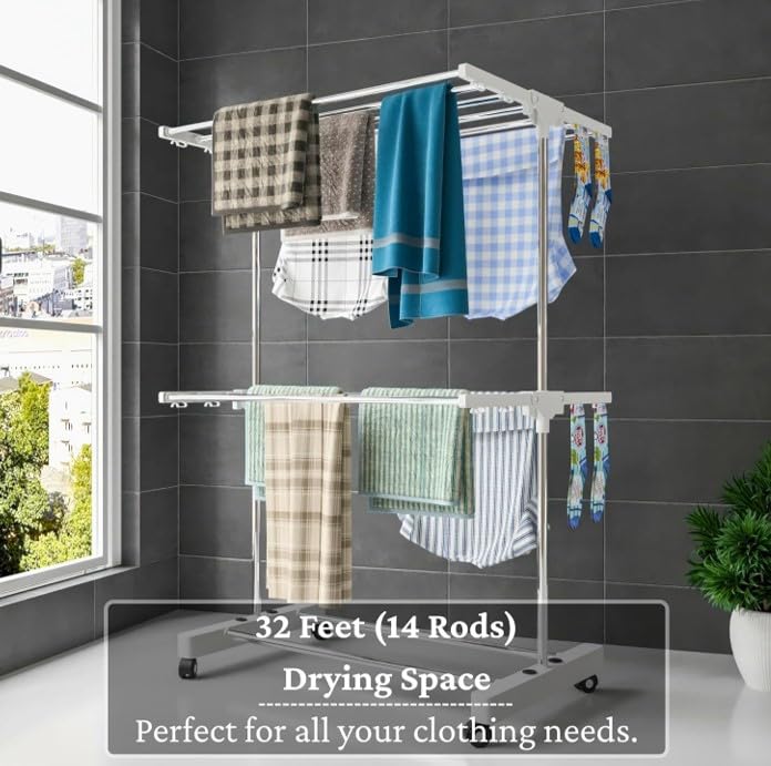 RIOMAX 2-Tier Premium Heavy-Duty Stainless-Steel Clothes Drying Stand with Wheels, Foldable Laundry Rack with Sock Holder, Indoor & Outdoor Cloth Dryer for Balcony Terrace (SS, Pack of 1) - Image 5