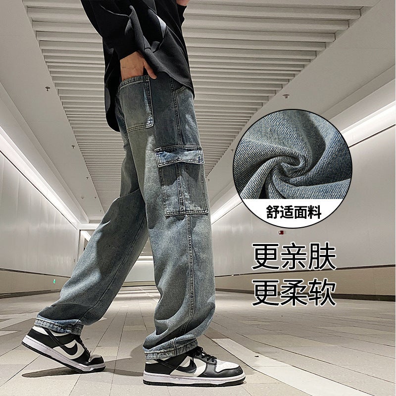 Spring And Hong Kong-Style Loose Straight-Leg Jeans Tooling Large Pocket Elasto Waist Lace-Up Pants Blue And Black - Image 2