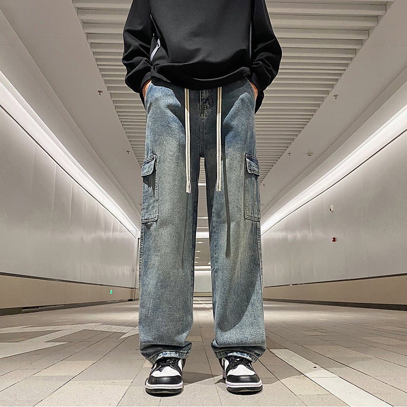 Spring And Hong Kong-Style Loose Straight-Leg Jeans Tooling Large Pocket Elasto Waist Lace-Up Pants Blue And Black - Image 4