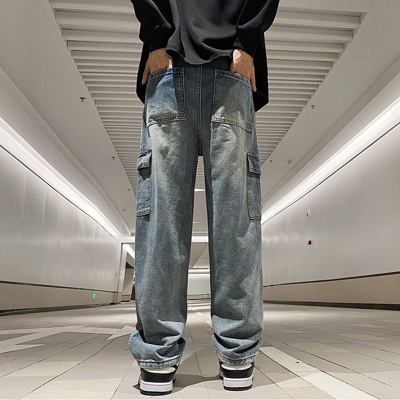 Spring And Hong Kong-Style Loose Straight-Leg Jeans Tooling Large Pocket Elasto Waist Lace-Up Pants Blue And Black - Image 5