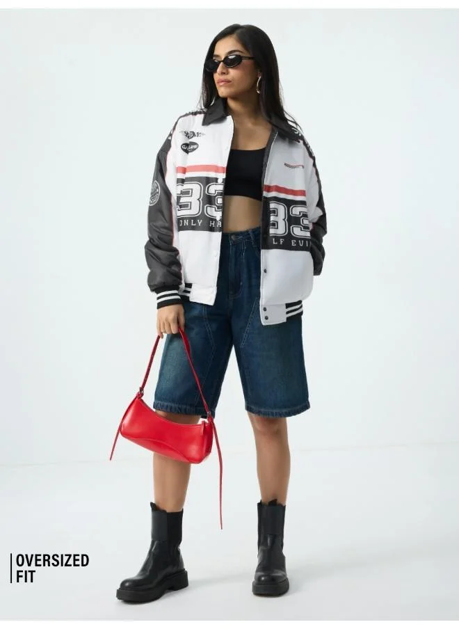 The Souled Store  The Souled Store Women Hot Stuff Half Evil Graphic Printed Multicolour Oversized Fit Varsity Jackets for Women | Best Price UAE