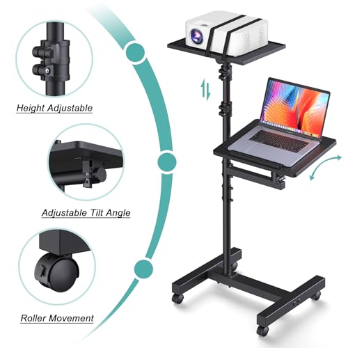 Facilife 2 Shelves Projector Stand Tripod, Height Adjustable Max 64", Mobile Laptop Cart on Wheels Projector Tripod Stand, Overbed Table with Wheels, Rolling Laptop Floor Stand for Couch - Image 5