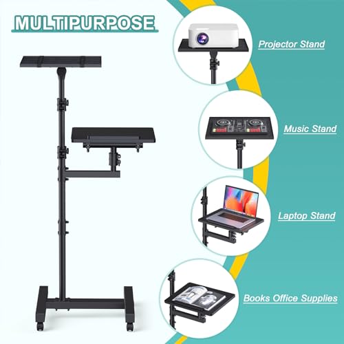 Facilife 2 Shelves Projector Stand Tripod, Height Adjustable Max 64", Mobile Laptop Cart on Wheels Projector Tripod Stand, Overbed Table with Wheels, Rolling Laptop Floor Stand for Couch - Image 3