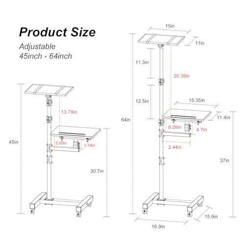 Facilife 2 Shelves Projector Stand Tripod, Height Adjustable Max 64", Mobile Laptop Cart on Wheels Projector Tripod Stand, Overbed Table with Wheels, Rolling Laptop Floor Stand for Couch - Image 4
