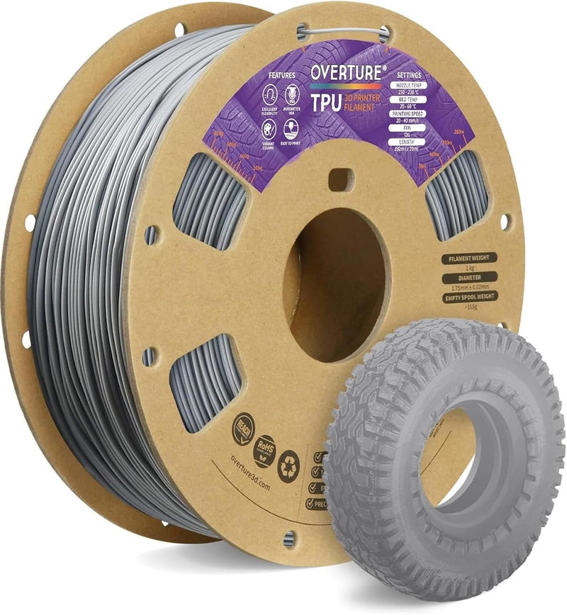OVERTURE TPU Filament 1.75mm Flexible Roll, 95A Soft 3D Printer Filament, 1kg Spool (2.2 lbs), Fit Most FDM Printer (TPU Gray) - Image 1
