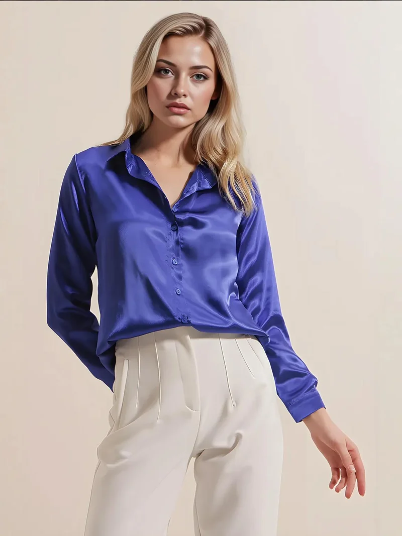 بيغ دارت قميص ساتان بأزرار وأكمام طويلة