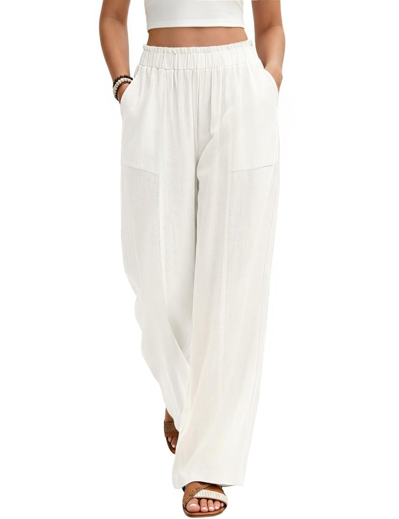 Uikue White Linen Pants Women - Summer Flowy Wide Leg Palazzo Pants Elastic Waist Casual Trousers Beach Outfits for Vacation Travel(White,M) - Image 1