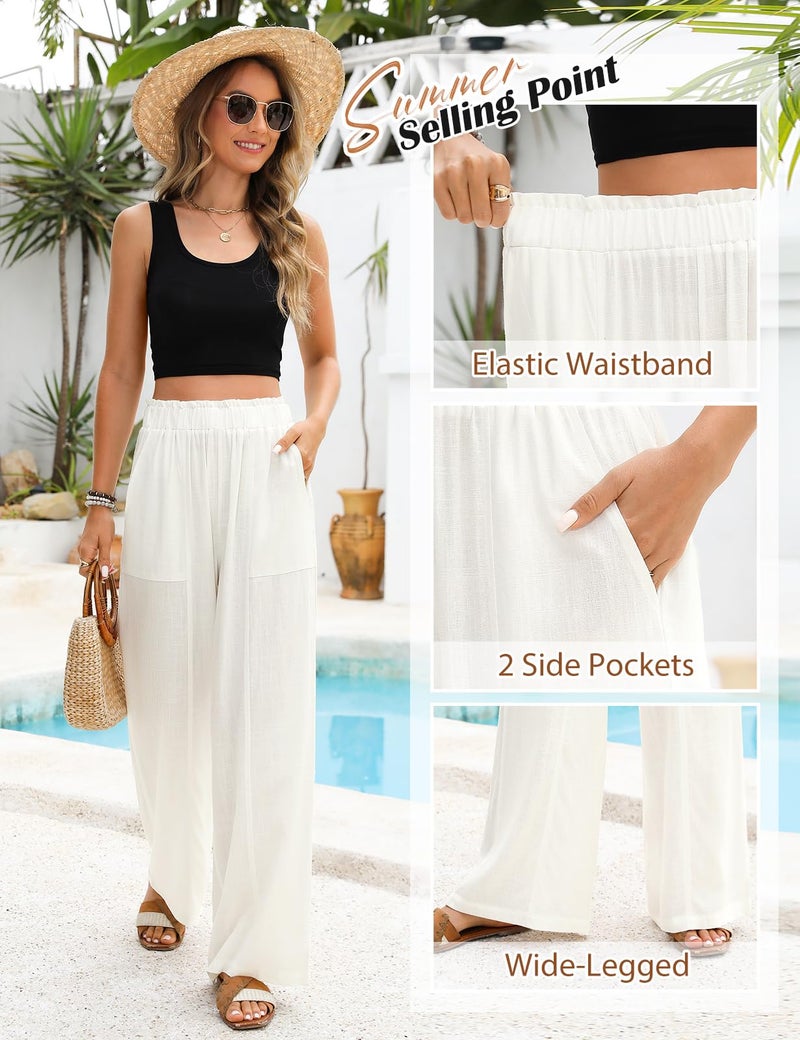 Uikue White Linen Pants Women - Summer Flowy Wide Leg Palazzo Pants Elastic Waist Casual Trousers Beach Outfits for Vacation Travel(White,M) - Image 4