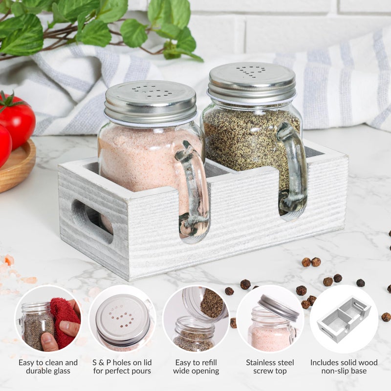 CB Accessories Mason Jar Salt and Pepper Shakers - Glass Shaker Set with Wood Holder Caddy, Easy to Clean & Refill for Farmhouse Kitchen Table, Home and Gifts (White) - Image 2