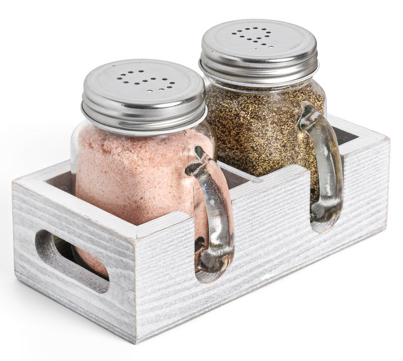 CB Accessories Mason Jar Salt and Pepper Shakers - Glass Shaker Set with Wood Holder Caddy, Easy to Clean & Refill for Farmhouse Kitchen Table, Home and Gifts (White) - Image 1