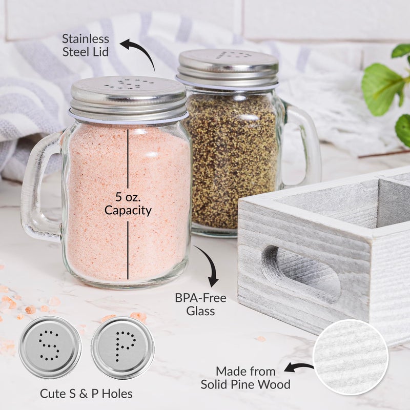 CB Accessories Mason Jar Salt and Pepper Shakers - Glass Shaker Set with Wood Holder Caddy, Easy to Clean & Refill for Farmhouse Kitchen Table, Home and Gifts (White) - Image 3