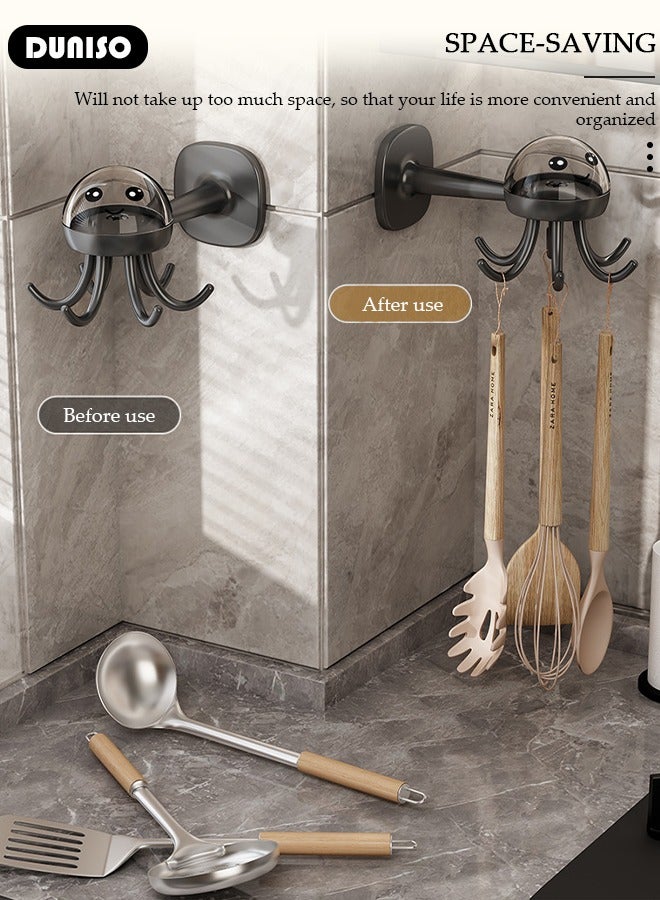 DUNISO 360° Rotation Utensil Hooks, Multi-Functional Under Cabinet Hanger Rack, Nail Free Adhesive Kitchen Utensil Holder, Hanging Hooks with 6 Rotatable Claws, Space Saving Hanging Kitchen Utensil Rack for Kitchen Bathroom, Wall Mount Hook for Kitchen Tools, Spoon, Towel, Key  - Image 2