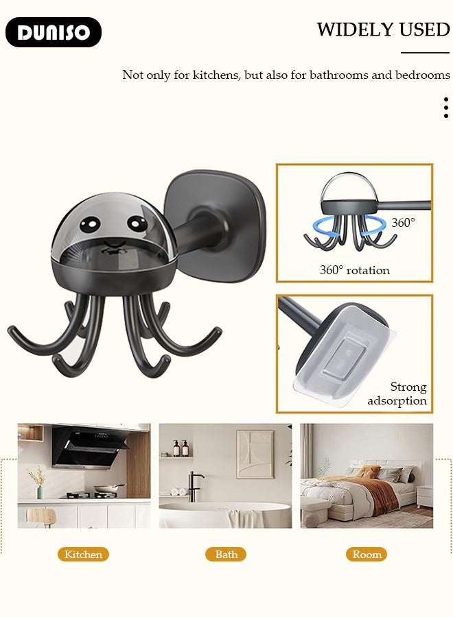 DUNISO 360° Rotation Utensil Hooks, Multi-Functional Under Cabinet Hanger Rack, Nail Free Adhesive Kitchen Utensil Holder, Hanging Hooks with 6 Rotatable Claws, Space Saving Hanging Kitchen Utensil Rack for Kitchen Bathroom, Wall Mount Hook for Kitchen Tools, Spoon, Towel, Key  - Image 3
