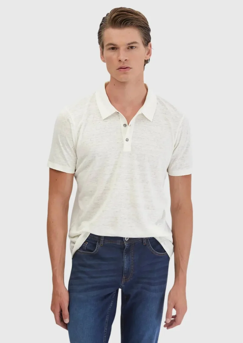 RAMSEY Ecru Plain Polo Neck 100% Linen T-Shirt