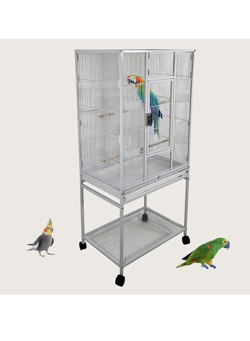 NNC PETS Bird cage with Wooden perches, Plastic feeding cups, Removable tray, Storage shelf, and Lockable wheels, Durable metal bird cage for small to medium-sized birds, Easy to assemble 136 cm (White) - Image 1