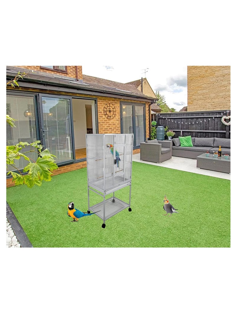 NNC PETS Bird cage with Wooden perches, Plastic feeding cups, Removable tray, Storage shelf, and Lockable wheels, Durable metal bird cage for small to medium-sized birds, Easy to assemble 136 cm (White) - Image 2