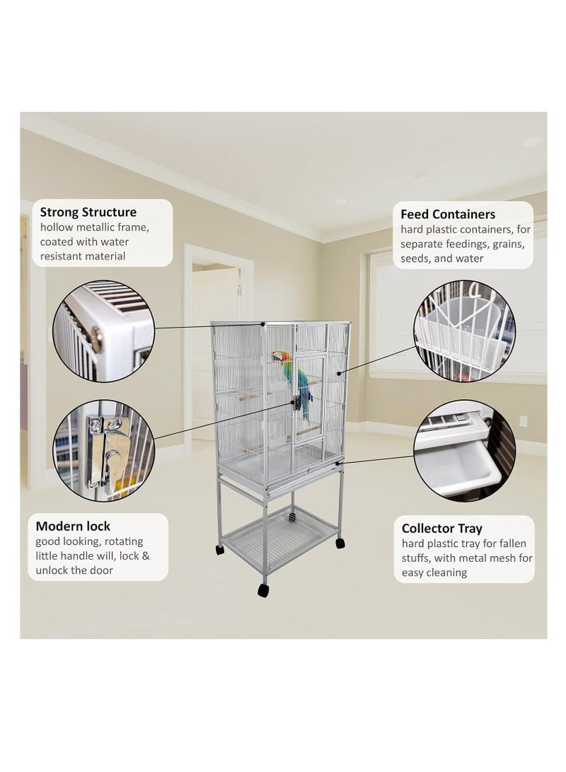 NNC PETS Bird cage with Wooden perches, Plastic feeding cups, Removable tray, Storage shelf, and Lockable wheels, Durable metal bird cage for small to medium-sized birds, Easy to assemble 136 cm (White) - Image 3