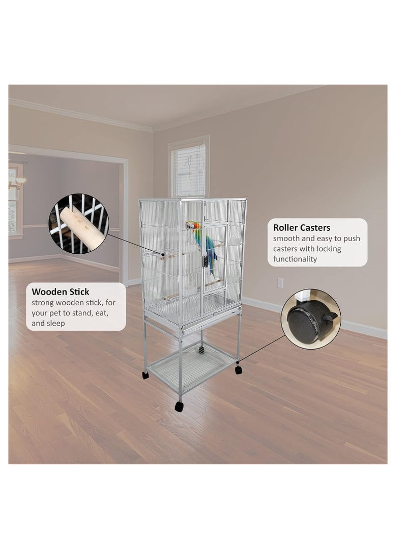 NNC PETS Bird cage with Wooden perches, Plastic feeding cups, Removable tray, Storage shelf, and Lockable wheels, Durable metal bird cage for small to medium-sized birds, Easy to assemble 136 cm (White) - Image 4