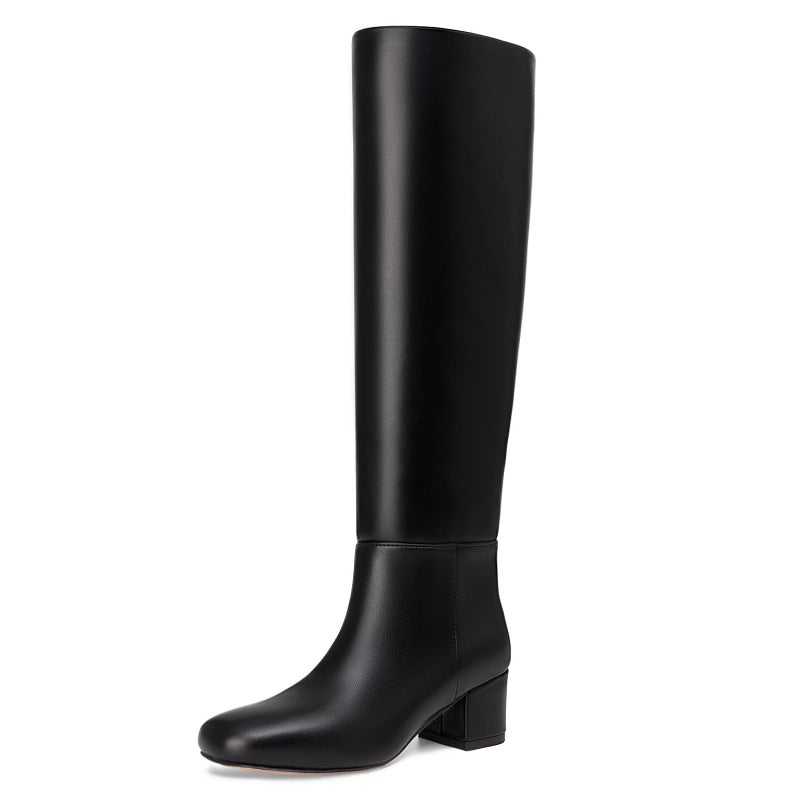 Athlefit Black Knee High Boots for Women Chunky Low Heel Tall Boots Square Toe Fashion Slip On Booties Size 8 - Image 1