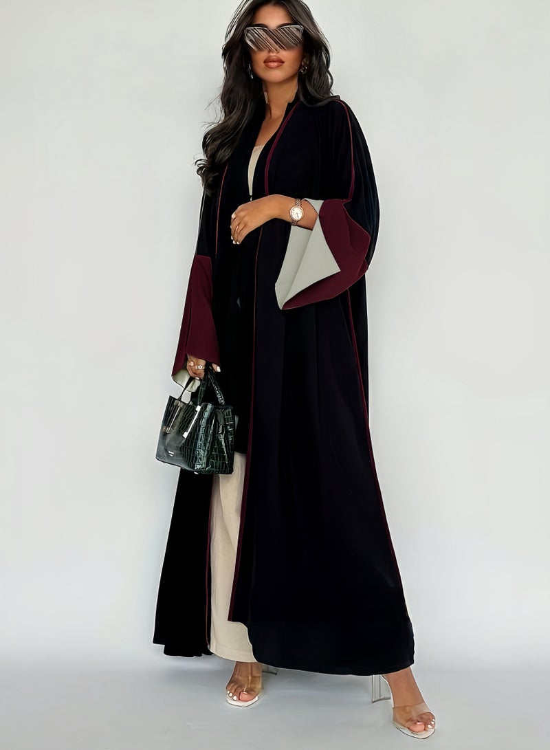 عباءة نسائية طويلة بتصميم فاخر – أكمام مفتوحة وتباين ألوان أنيق يضفي لمسة عصرية وجاذبية فريدة - Image 1