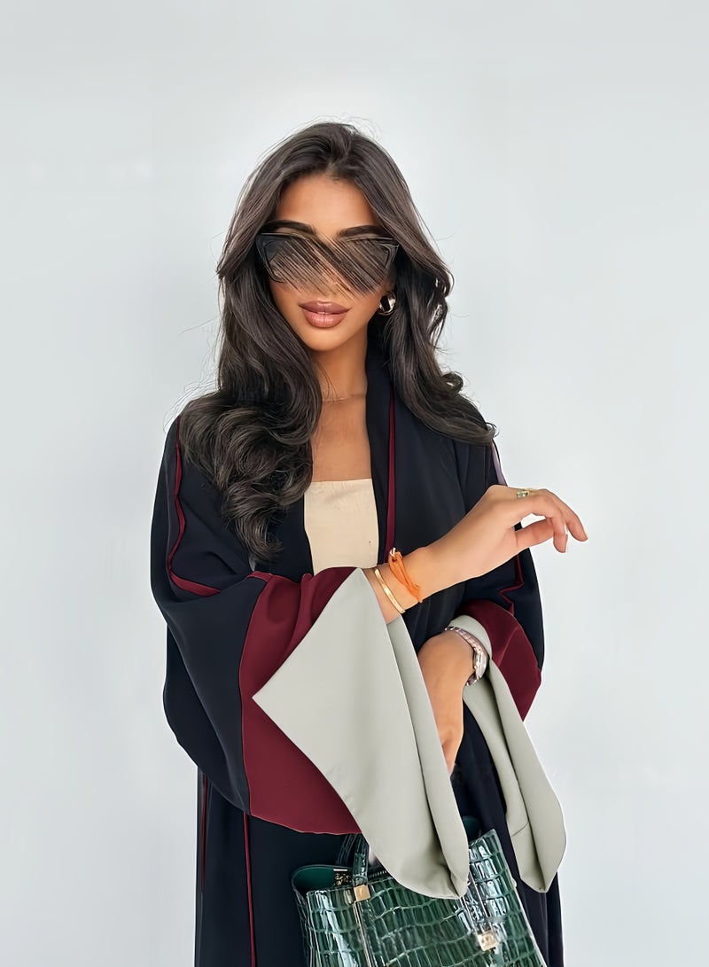 عباءة نسائية طويلة بتصميم فاخر – أكمام مفتوحة وتباين ألوان أنيق يضفي لمسة عصرية وجاذبية فريدة - Image 2