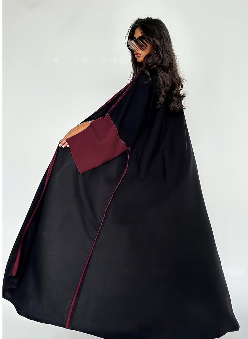 عباءة نسائية طويلة بتصميم فاخر – أكمام مفتوحة وتباين ألوان أنيق يضفي لمسة عصرية وجاذبية فريدة - Image 5