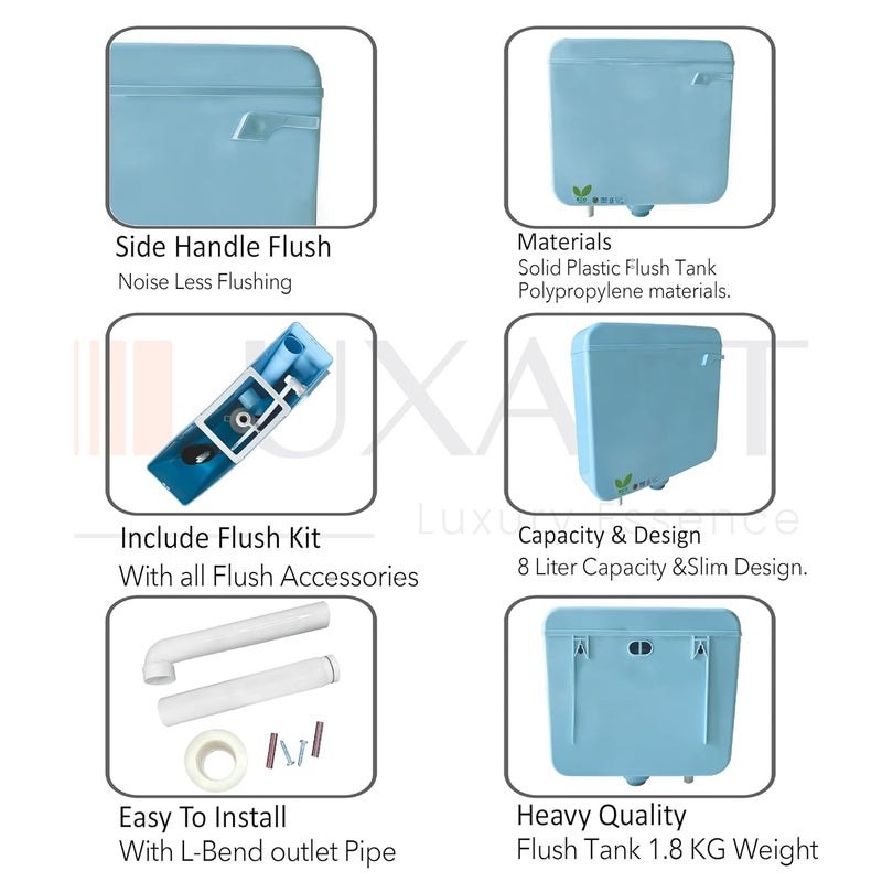 LUXART LUXART 8 LTR Wall Mounted TBlue Flush Tank for Toilet Polypropylene Smart PVC Slim Cistern Side Handle Front Flushing with Air Freshener Complete Kit - Image 4