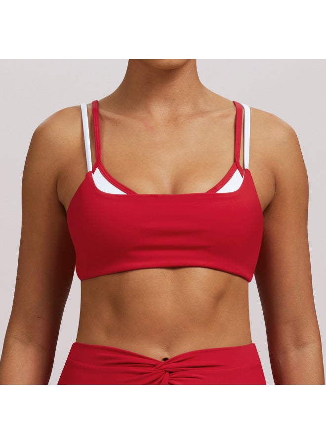 Seamless Double Strap Yoga Bra With Padded Cups, Thin Straps, Color-blocking Sports Bra For Women