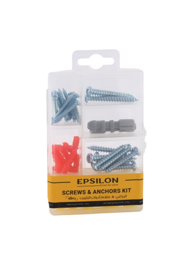 Epsilon Screws and Anchors Kit EPSNS1418, 40 Pieces Wall Fixing Screw Set with Plastic Anchors, Self Tapping Screws for Shelves, Frames, Fixtures, Concrete & Masonry, DIY Repair Kit, Multicolor - Image 1