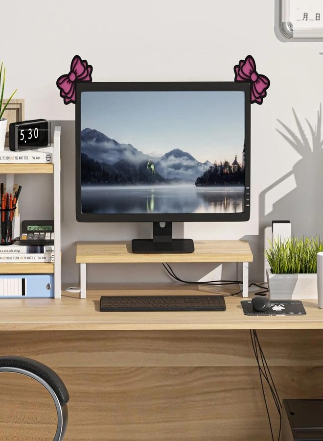 CYUXING 2Pcs Computer Monitor Decor, Pink Bow 3D Wood Decorations for Women Cute Mini Computer Accessories Stylish Design, Wood Material with Glue Office Decoration - Image 5