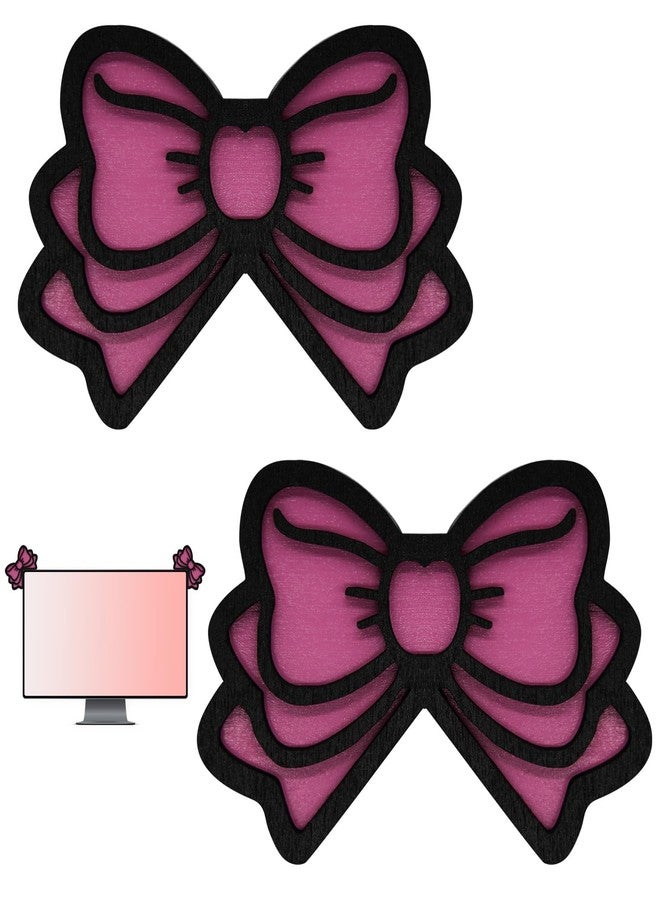 CYUXING 2Pcs Computer Monitor Decor, Pink Bow 3D Wood Decorations for Women Cute Mini Computer Accessories Stylish Design, Wood Material with Glue Office Decoration - Image 1