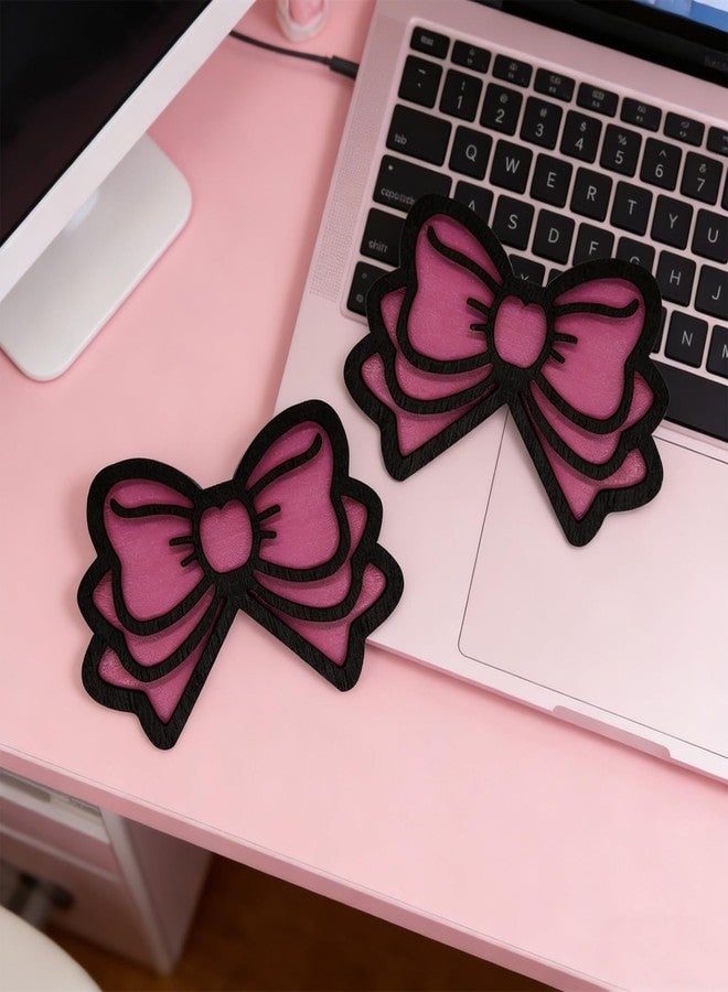CYUXING 2Pcs Computer Monitor Decor, Pink Bow 3D Wood Decorations for Women Cute Mini Computer Accessories Stylish Design, Wood Material with Glue Office Decoration - Image 3