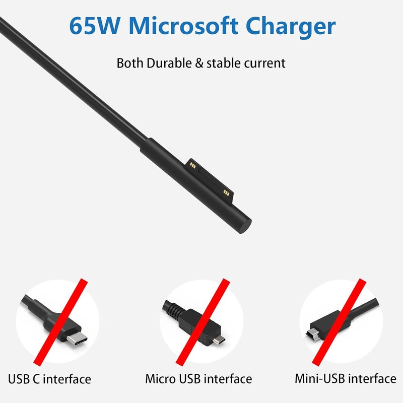 65W شاحن كمبيوتر محمول Surface Pro لـ Microsoft Surface Pro 11 10 9 X 8 7 6 5 4 3, Laptop 7 6 5 4 3 2 1, Go 3 2 1, Book 3 2 1, شاحن Windows مع منفذ USB - Image 2