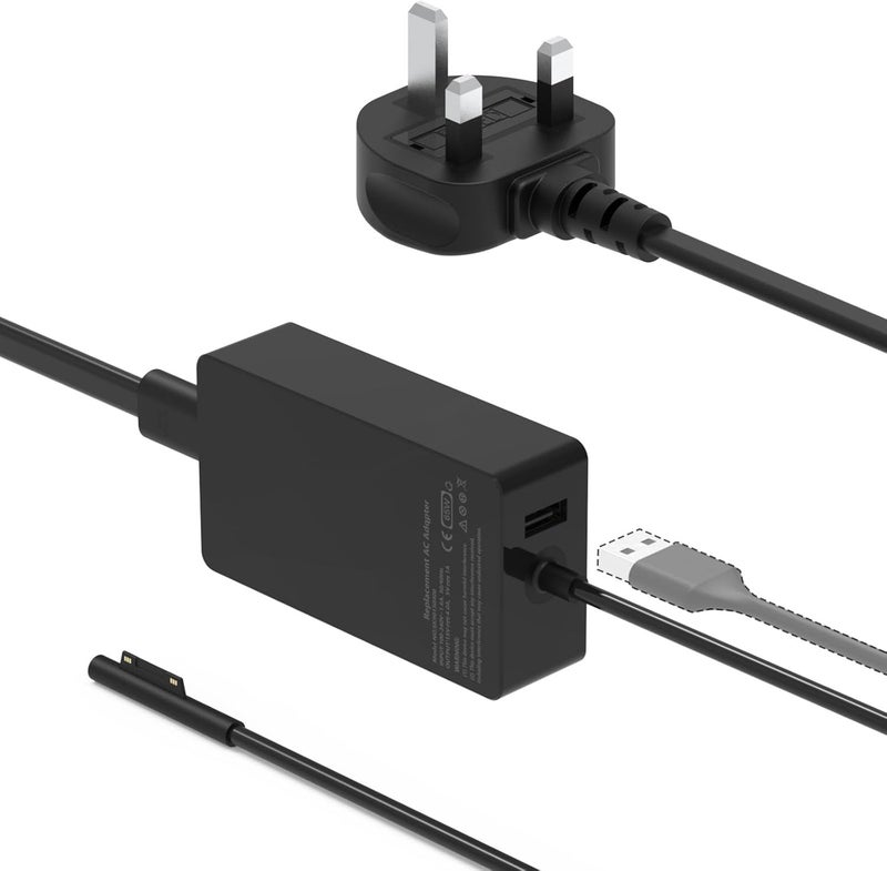 65W شاحن كمبيوتر محمول Surface Pro لـ Microsoft Surface Pro 11 10 9 X 8 7 6 5 4 3, Laptop 7 6 5 4 3 2 1, Go 3 2 1, Book 3 2 1, شاحن Windows مع منفذ USB - Image 1