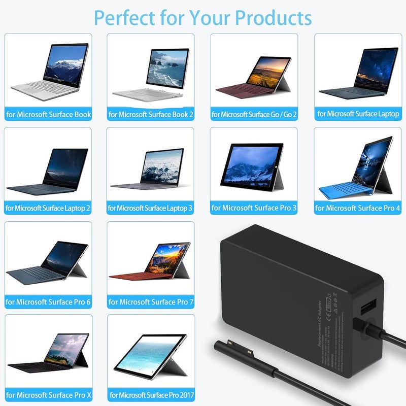 65W شاحن كمبيوتر محمول Surface Pro لـ Microsoft Surface Pro 11 10 9 X 8 7 6 5 4 3, Laptop 7 6 5 4 3 2 1, Go 3 2 1, Book 3 2 1, شاحن Windows مع منفذ USB - Image 5